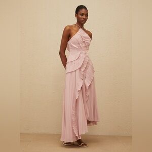 Pleated Ruffle Midi Dress in Blush Pink